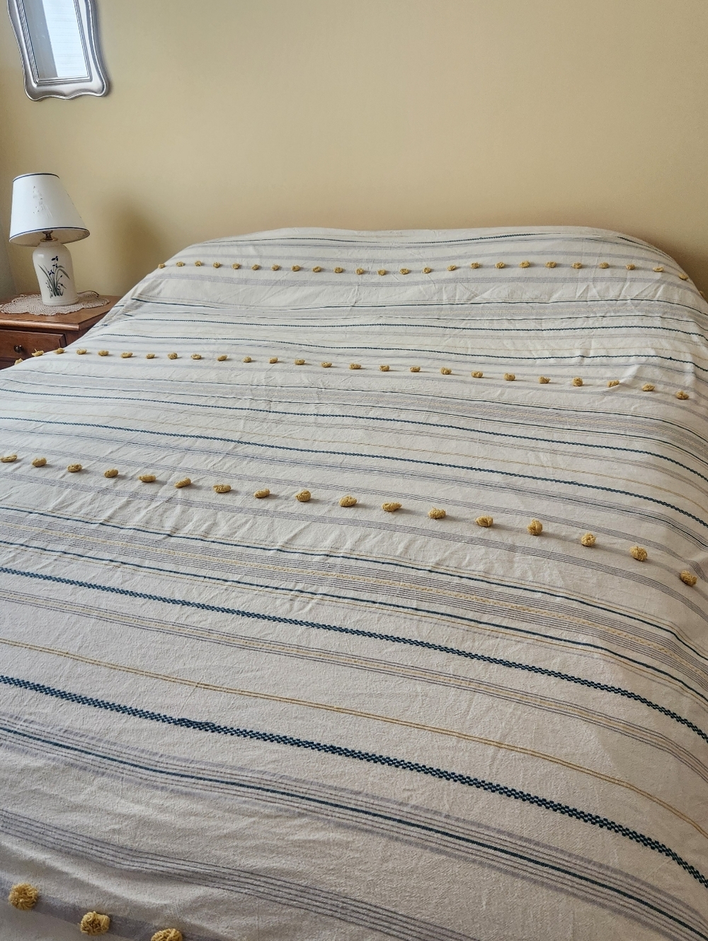 PHF Queen Duvet Cover Blue White Striped Cotton Pom Poms 95 x 88